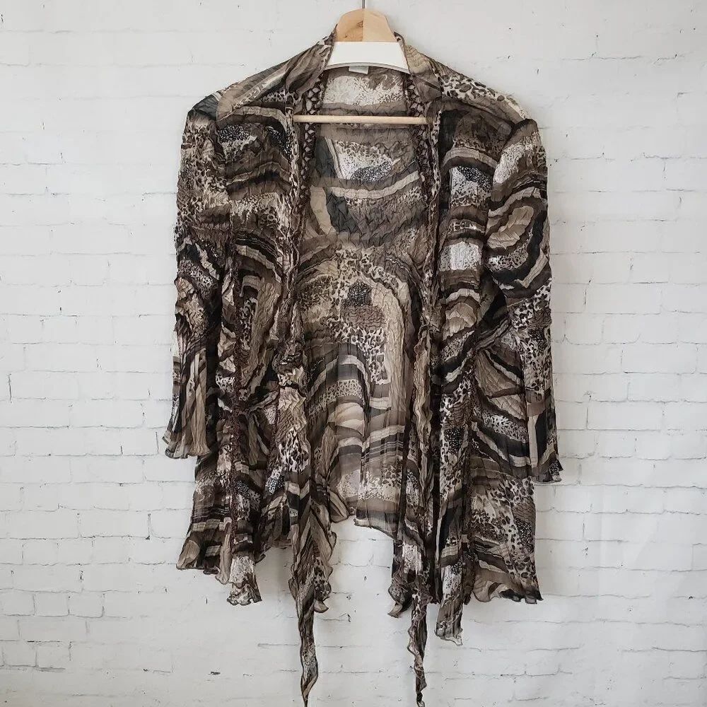 Alberto Malakai Lagenlook Crinkle Open Front Top Layer Size M Brown Whimsigoth